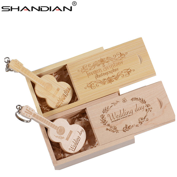 SHANDIAN LOGO customized wooden guitar pen drive usb flash drive memory Stick pendrive 4GB 16GB 32GB 64GB metal keychain gift