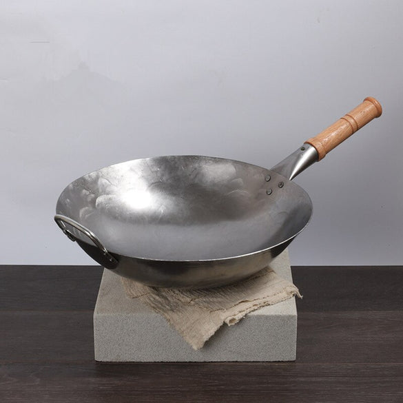 Master Star Chinese Traditional Iron Wok Handmade Hammering Large Wok&Wooden Handle Non-stick Wok Wrought Iron Kitchen Cookware