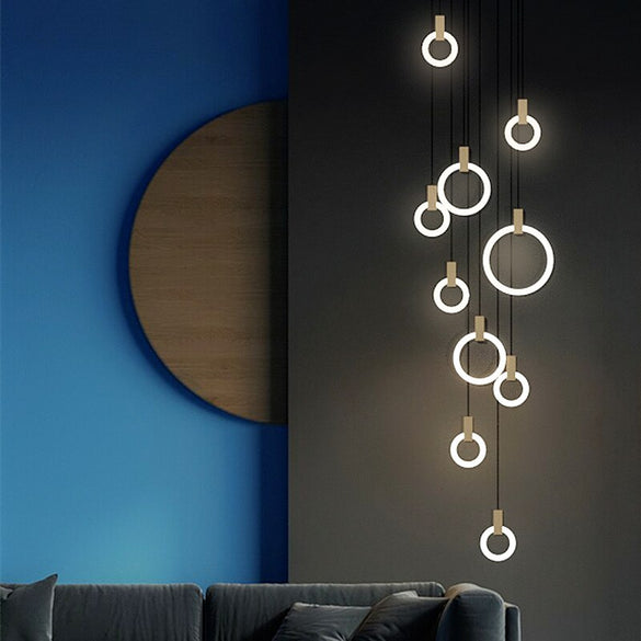 Modern LED stair chandelier lighting Nordic living room ceiling pendant lamps bedroom Acrylic rings fixtures Wood hanging lights