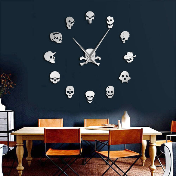 Different Skull Heads DIY Horror Wall Art Giant Wall Clock Big Needle Frameless Zombie Heads Large Wall Watch Halloween Decor