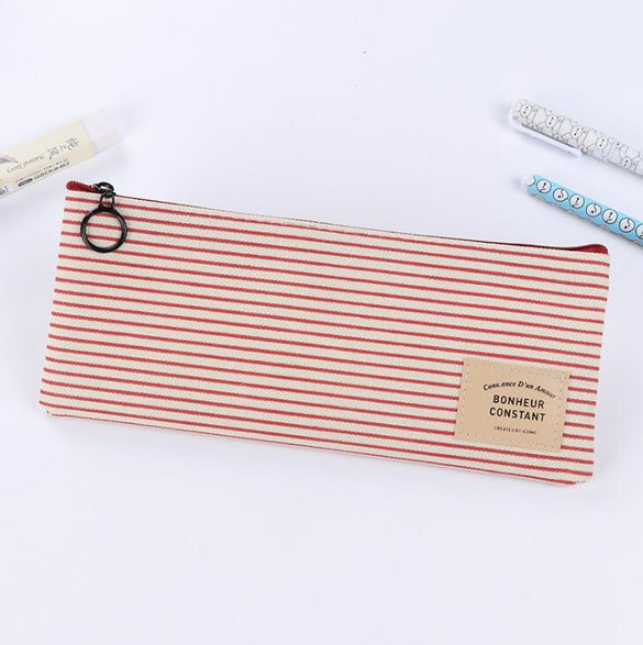 Brief Style Grid & Stripes Canvas Pencil Bag Stationery Storage Organizer Case School Supply Promotional Gift Stationery