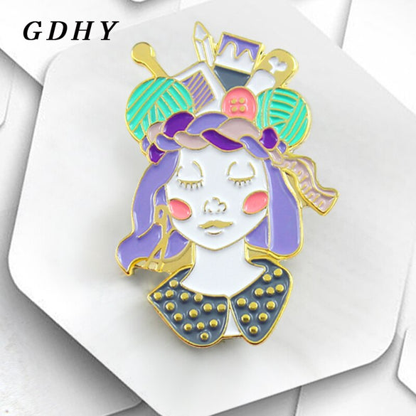 GDHY Craft Queen Beautiful Girl Hard Enamel Pin Brooch Fun Shiny Knitters Purple Hair Girl Pins Badge Lapel Backpack Jewelry