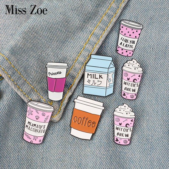 Coffee Milk Enamel Pin Witch's Brew Princess badge brooches Lapel pin Jeans shirt Backpack Cartoon Jewelry Gift Coffee Lovers