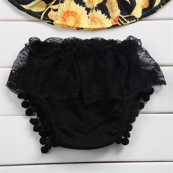 Adorable Newborn Baby Girl Floral Clothes Sunfloral Crop Tops Lace Tassel Bloomers Shorts Headband 3PCS Outfit Kids Clothing Set