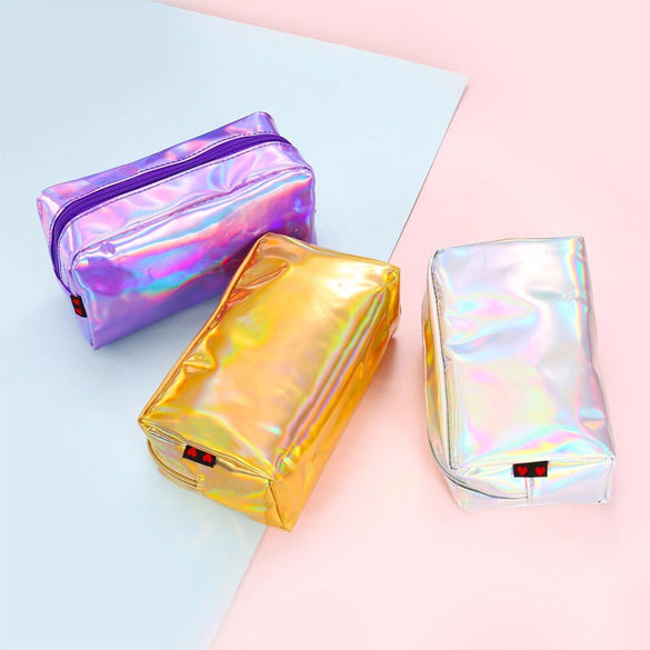 THINKTHENDO Fashion Holographic Pencil Case Cosmetic Makeup Pouch Laser Zipper Purse Bag 18x7.4x10.5cm/