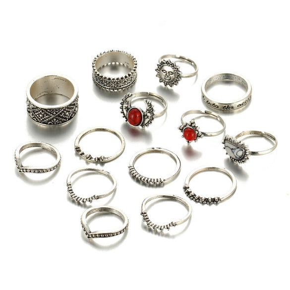 IF ME Vintage Bohemian Midi Finger Rings Set for Women Moon Sun Ethnic Red Natural Stone Knuckle Rings Jewelry Gift 14pcs/set (RJDY180)