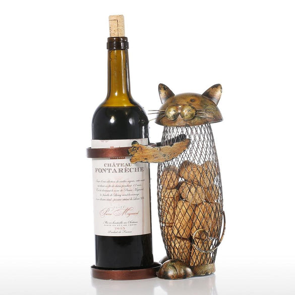 Tooarts Cat Wine Rack Cork Container Bottle Wine Holder Kitchen Bar Metal Wine Craft Christmas Gift Handcraft Animal Wine Stand (Maroon)