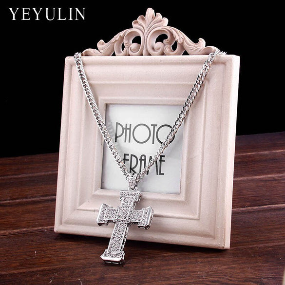 Trendy Zinc Alloy Full Crystal Cross Pendant Necklace Male Maxi Statement Necklace Jewelry Gift