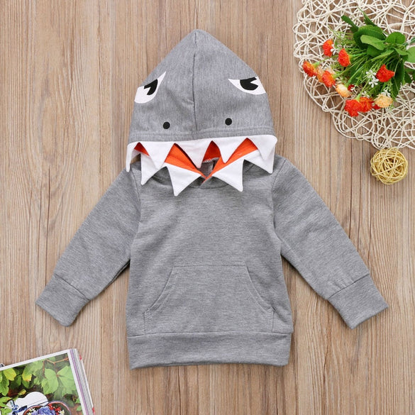 Toddler Kids Baby Boys Hoodie Cotton Long Sleeve Hooded Pullover Shark Cartoon Grey Sweatshirt Outfit Fall Winter 1-5Y