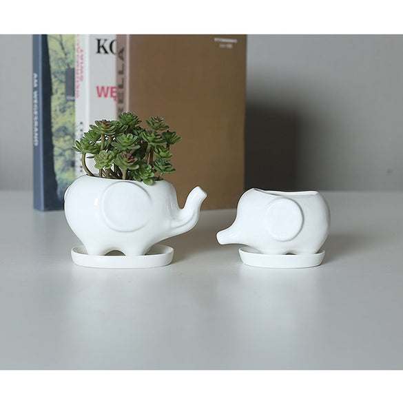 Set of 2 Cute Elephant White Ceramic Flower Pot with Tray for Succulents Cactus Plants Mini Pot Planter Home Garden Decoration