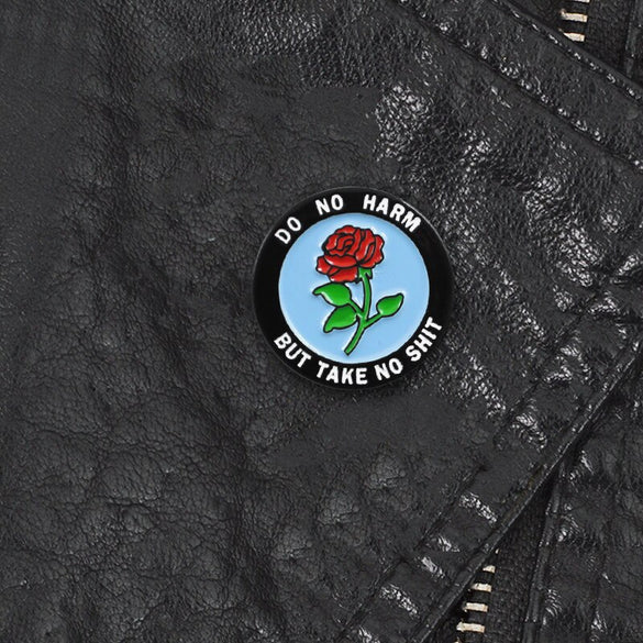 GDHY Round Badge Red Roses Flowers Brooch"DO NO HARM BUT TAKE NO SHIT" Circular Enamel Pin Brooch For Kid and Friends Jewelry