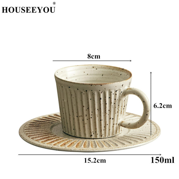 HOUSEEYOU Japanese Style Handmade Pottery Coffee Cup Teacup Saucer Set Creative Ceramic Cup Advanced Porcelain Afternoon Tea Cup