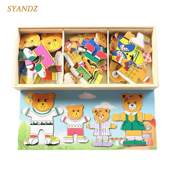 4 Kinds Baby Wooden Toys Wooden Dress Up Bear Dressing Jigsaw Puzzle Kids Dress Changing Educational Montessori Toys Child Gift