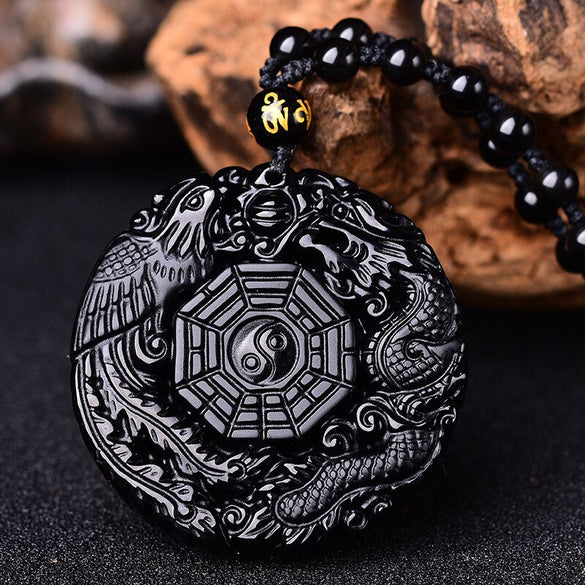 Bruce Drop Shipping Natural Black Obsidian Hand Carved Chinese Taiji BaGua Lucky Amulet Pendant Free Necklace Fashion Jewelry