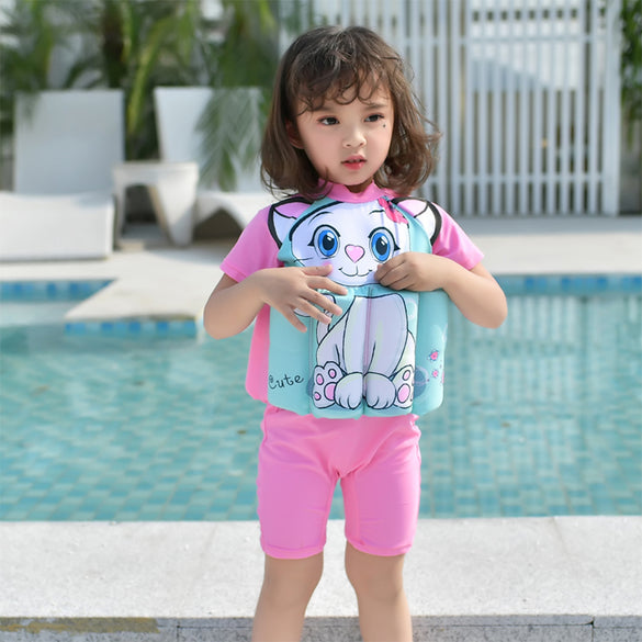 Children swimwear Girl&Boy Swim One-Piece Suit Detachable Floating Swimsuit Kids Zipper Life Vest Buofancy Swimming Suit Caps