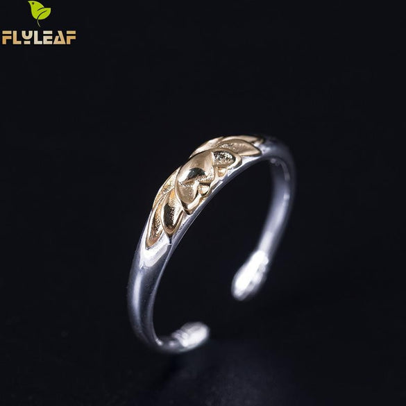 Flyleaf 100% 925 Sterling Silver Gold Color Lotus Flower Open Rings For Women Chinese Style Lady Vintage Jewelry