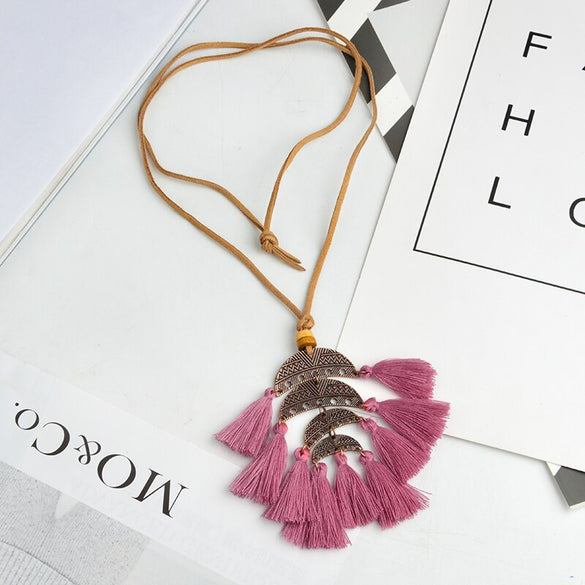 Miss Zoe Multilayer Crescent moon Wool tassels pendant necklace Fashion Long leather chian Bohemian BOHO jewelry gift for Women