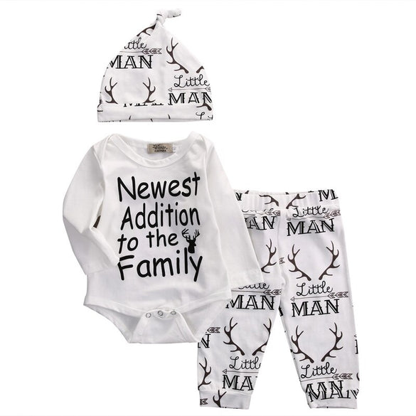New Fasihon Newborn Infant Baby Boy Clothes Set Long Sleeve O-Neck Romper Tops Pant Hat Outfits Set NEW