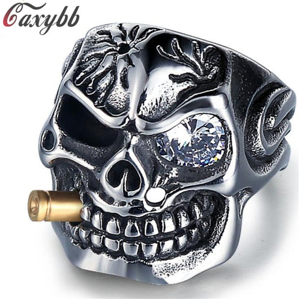 Gold Smoking Pipe Biker Men's Rings Rock Punk Skull Ring Titanium Steel Clear Zircon Eye Plating Rings Men Jewelry
