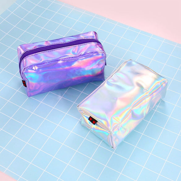 THINKTHENDO Fashion Holographic Pencil Case Cosmetic Makeup Pouch Laser Zipper Purse Bag 18x7.4x10.5cm/