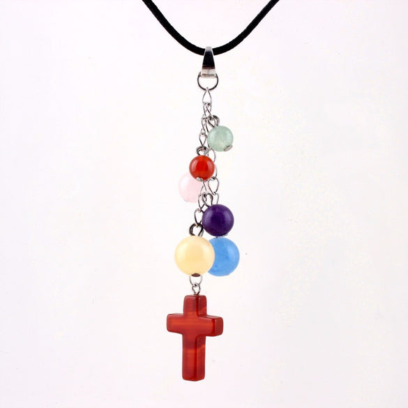 Assorted Colorful Point Cross Pendant natural Stone Necklaces Pendulum Leather Chain Healing Crystal Chakra Reiki Free Pouch