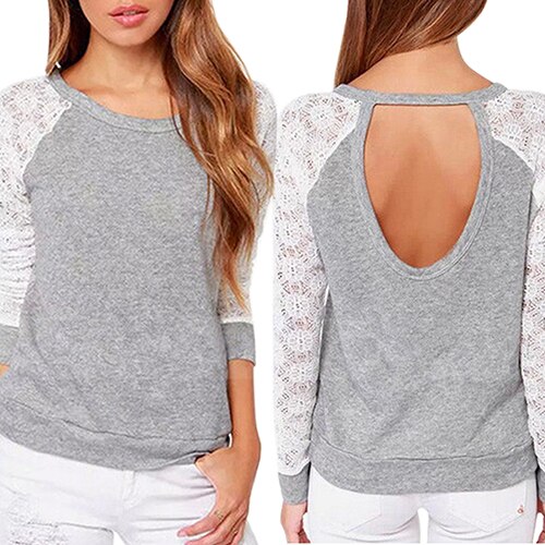 2016 New arrival! Women's Long Sleeve Sexy Lace Backless Embroidery Knitted Tops Pullover