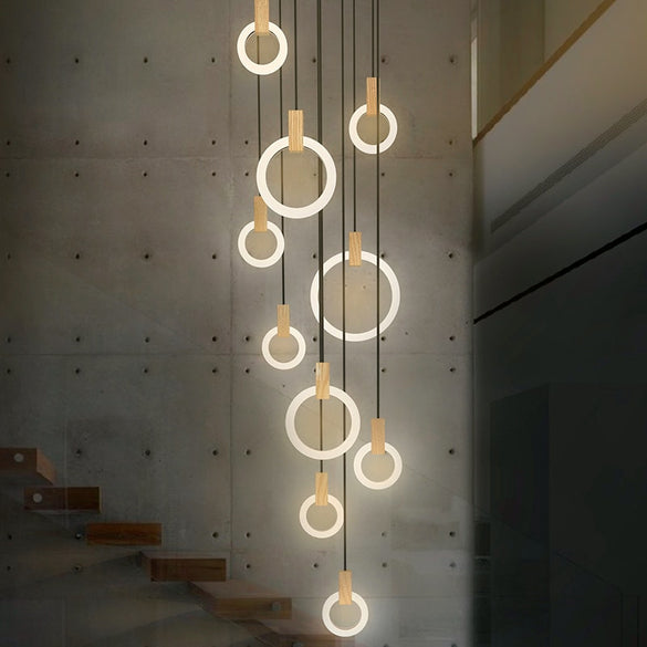 Modern LED stair chandelier lighting Nordic living room ceiling pendant lamps bedroom Acrylic rings fixtures Wood hanging lights