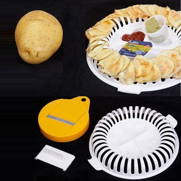 Microwave Oven Fat Potato Chips Maker Apple Fruit Potato Crisp Chip Slicer Snack Maker DIY Set Tray Kitchen Tool Random Color