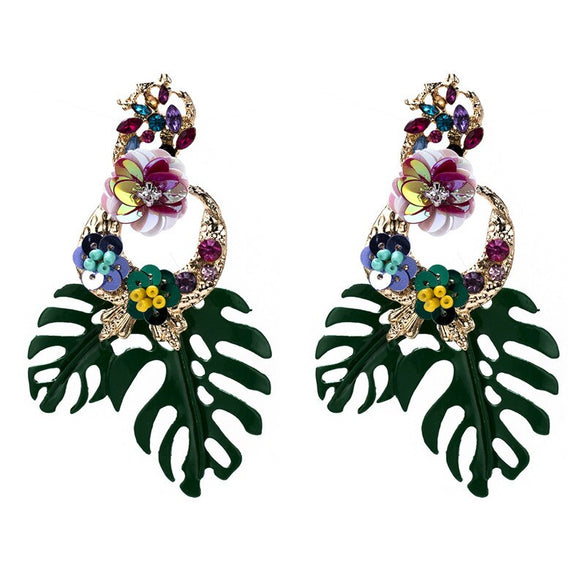 Exaggerated Big Monstera Pattern Drop Earrings for Female Shiny Rhinestone Flower Beads Party Ear Accessories ET295