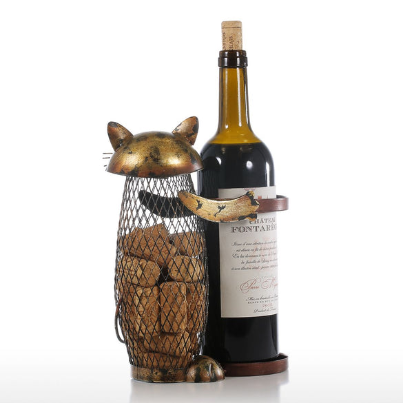 Tooarts Cat Wine Rack Cork Container Bottle Wine Holder Kitchen Bar Metal Wine Craft Christmas Gift Handcraft Animal Wine Stand