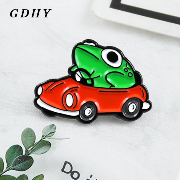 GDHY Enamel Green Frog Brooch Frog Drive Red  Cars Brooch Cartoon For Kids Backpack Animal Frog Enamel Pins Badge Jewelry