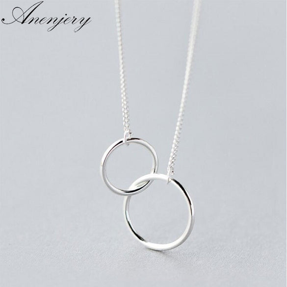 Anenjery Double Circle Interlock Clavicle Short Necklace Silver Color Necklace For Women collares erkek kolye S-N191