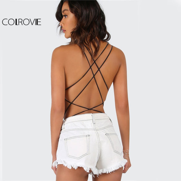 COLROVIE Strappy Backless Bodysuit Women Black Sleeveless Summer Beach Hot Bodysuits Navy Scoop Neck Cross Slim Cami Bodysuit