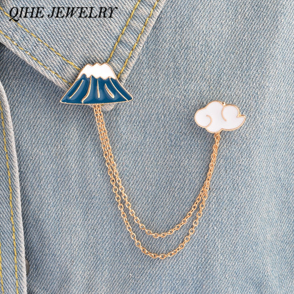 QIHE JEWELRY Mt Fuji & Clouds Tassel Collar Enamel Pin Japan Travel Jewelry Kawaii Japan Sightseeing Souvenirs