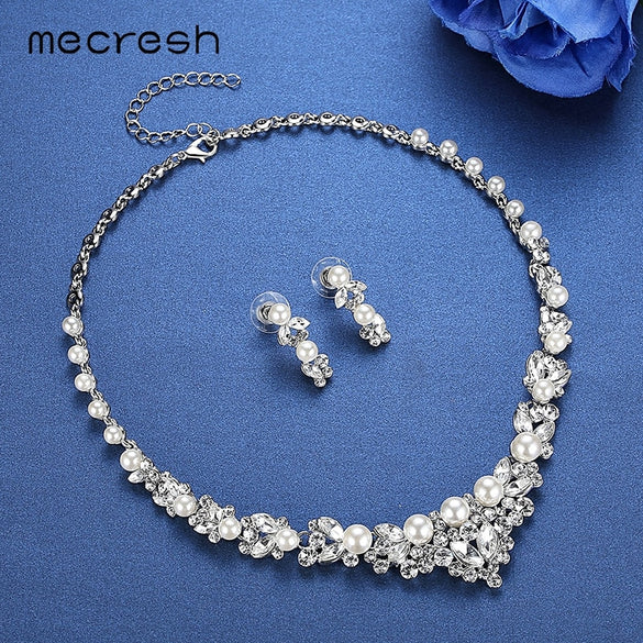 Mecresh Elegant Simulated Pearl Bridal Jewelry Sets  Leaf Crystal Necklaces Earrings Sets Wedding Jewelry TL280