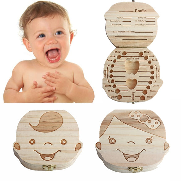Spanish English  baby Creative Gift Wood Baby Girl Boy Tooth Organizer Boxes Save Deciduous Teeth Storage Keepsakes Collecting
