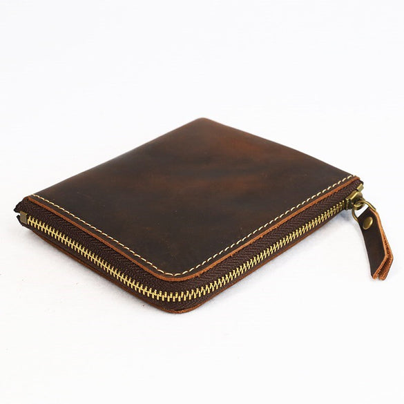 Genuine Leather Men Wallet Crazy Horse Handmade Male Purse Short Vintage Zipper Small Thin Wallets With Coin Pocket Card Holder