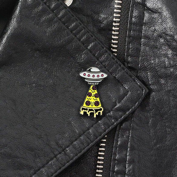 GDHY UFO Space Ship Yellow Pizza Brooch Enamel Pin Mysterious Space Universe Outer Spaceship Lapel Pins  Astronomy Lover Gift