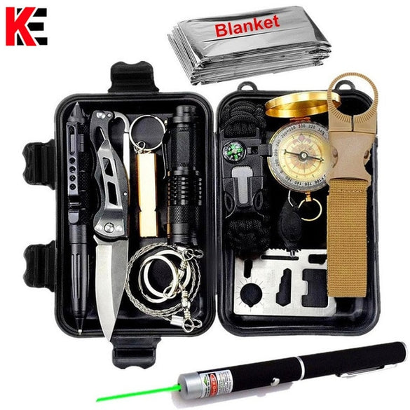 Outdoor Survival Kit Set Military Travel Camping Emergency Tools Kit  Multifunctional Survive Wristband Whistle Blanket Knife