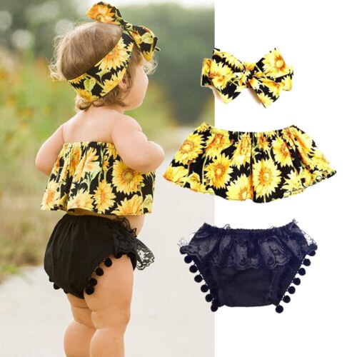 Adorable Newborn Baby Girl Floral Clothes Sunfloral Crop Tops Lace Tassel Bloomers Shorts Headband 3PCS Outfit Kids Clothing Set