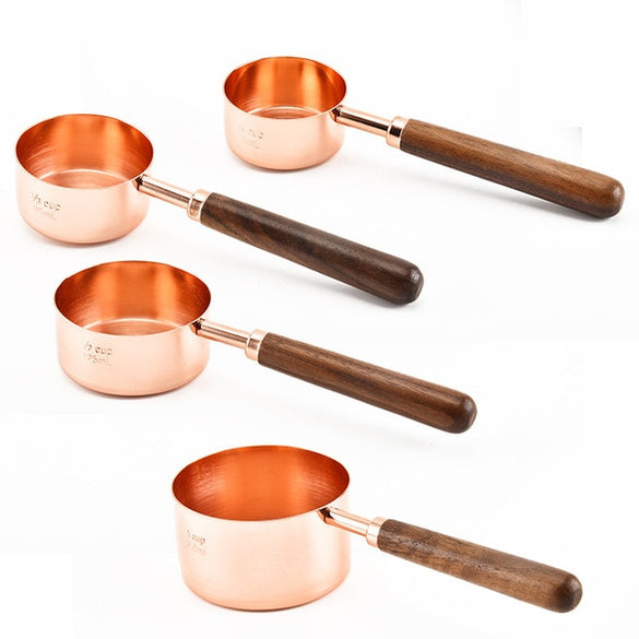 4Pcs/Set Rose Gold Stainless Steel Measuring Cups And Measuring  Spoon Scoop Set Wooden Handle Kitchen Measuring Tool For Baking