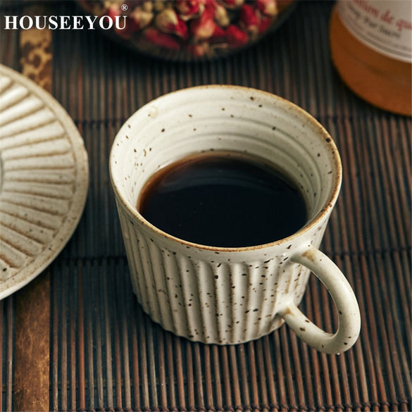 HOUSEEYOU Japanese Style Handmade Pottery Coffee Cup Teacup Saucer Set Creative Ceramic Cup Advanced Porcelain Afternoon Tea Cup