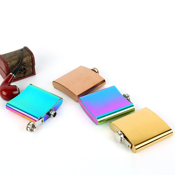 Portable 6oz Hip Flask Gold Plated Gradient Color Rainbow Colored Stainless Steel Flask Screw Cap Whiskey Wine Bottle