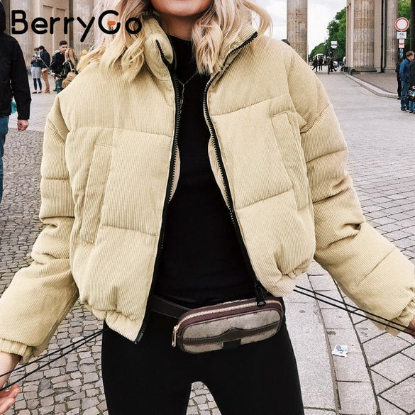 BerryGo Casual corduroy thick parka overcoat Winter warm fashion outerwear coats Women oversize streetwear jacket coat female