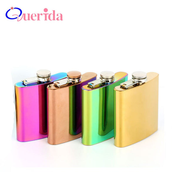 Portable 6oz Hip Flask Gold Plated Gradient Color Rainbow Colored Stainless Steel Flask Screw Cap Whiskey Wine Bottle