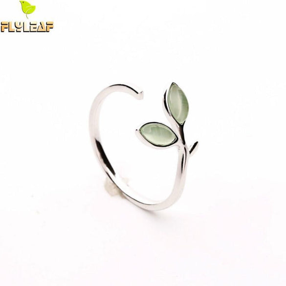 Flyleaf 100% 925 Sterling Silver Green Opal Leaves Buds Open Rings For Women High Quality Creative Fashion Jewelry