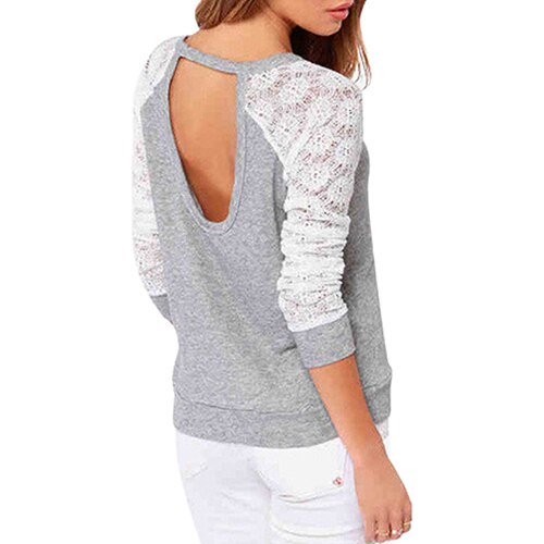 2016 New arrival! Women's Long Sleeve Sexy Lace Backless Embroidery Knitted Tops Pullover