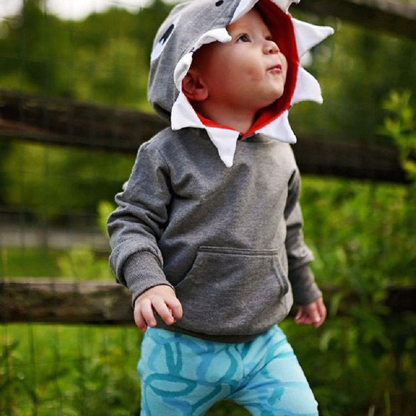 Toddler Kids Baby Boys Hoodie Cotton Long Sleeve Hooded Pullover Shark Cartoon Grey Sweatshirt Outfit Fall Winter 1-5Y