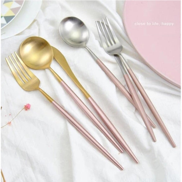 Hot Pink Gold Dinnerware Set 304 Stainless Steel Western Cutlery Set Kitchen Food Tableware Fork Knife Scoop Silverware Set