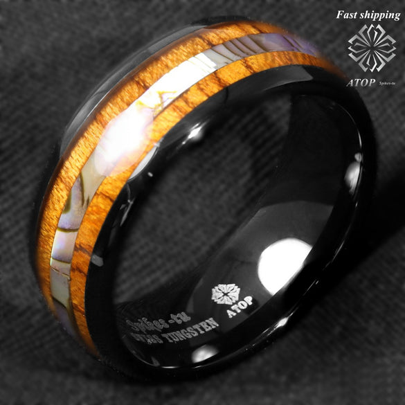 8mm Black Tungsten carbide ring Koa Wood Abalone ATOP Wedding Band Men's Jewelry
